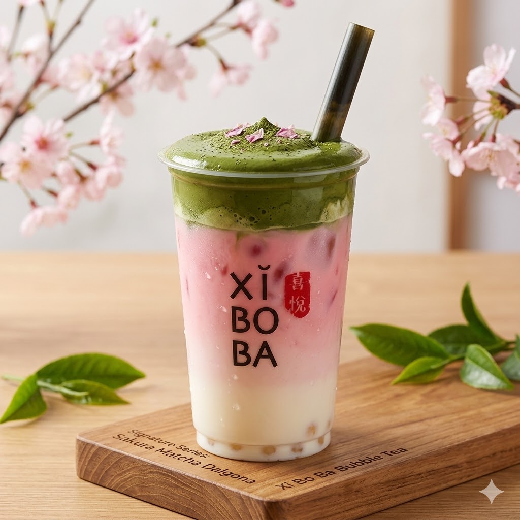 Sakura Matcha Dalgona With Hokkaido Milk Pudding